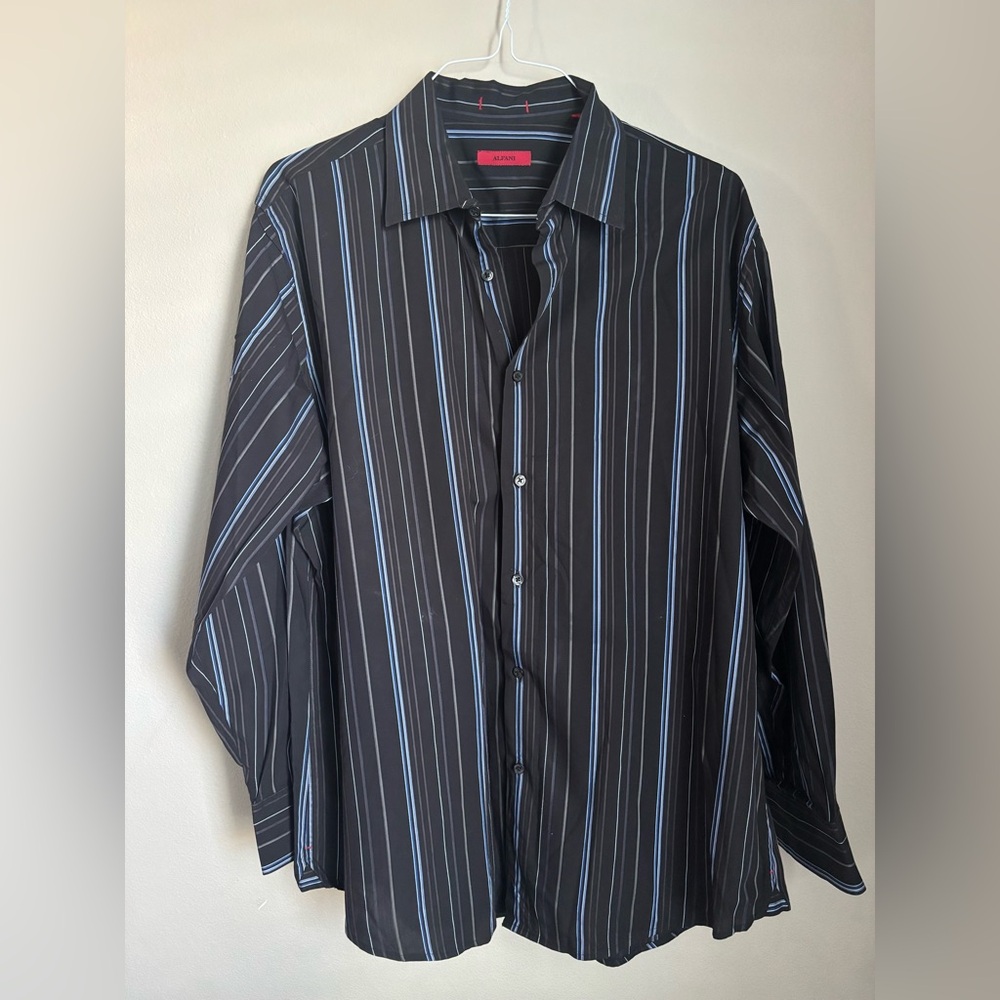 Alfani Men’s Dress Shirt Black w/ Blue & Grey Pinstripes-Classic Button-Down XL